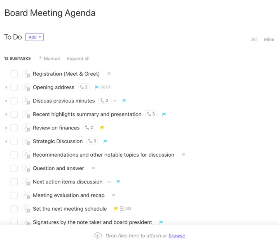 Define a clear agenda and keep your board meetings productive with ClickUp's Board Meeting Agenda Template  