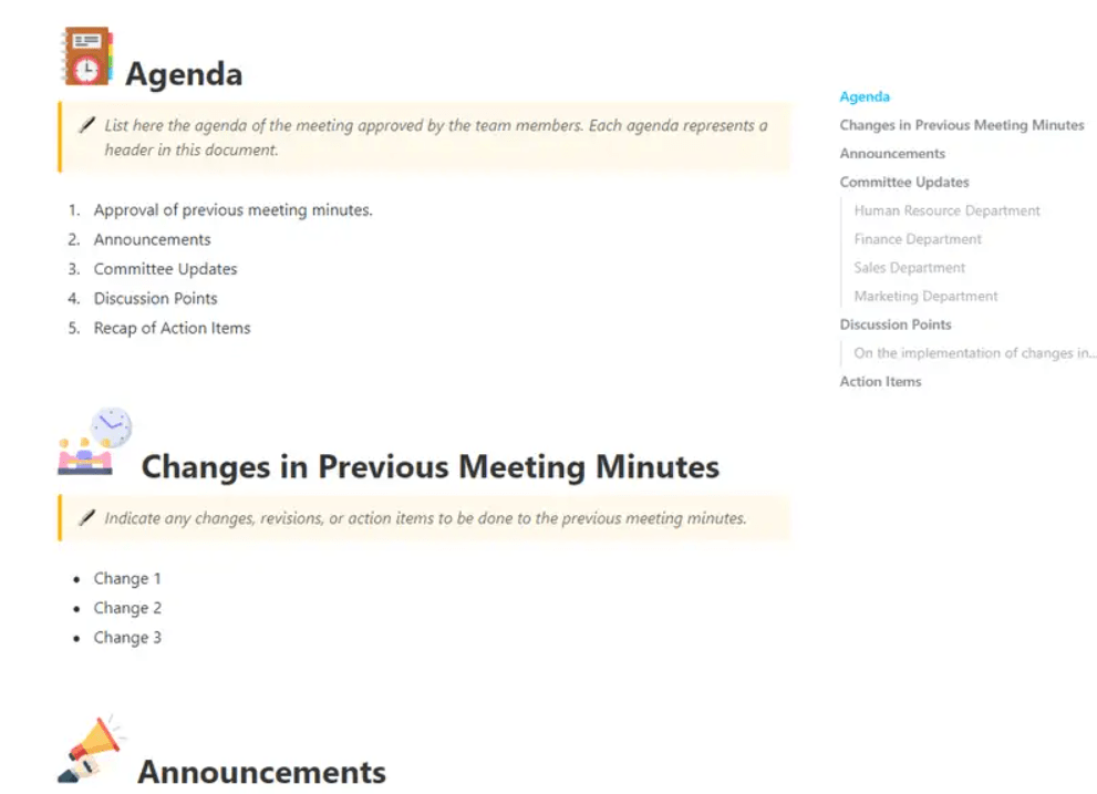 Documente los puntos clave y los puntos de acción con la práctica plantilla de actas de reunión de ClickUp