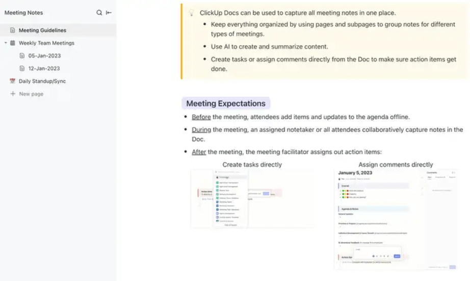 ClickUp's Vorlage für Meeting Notizen