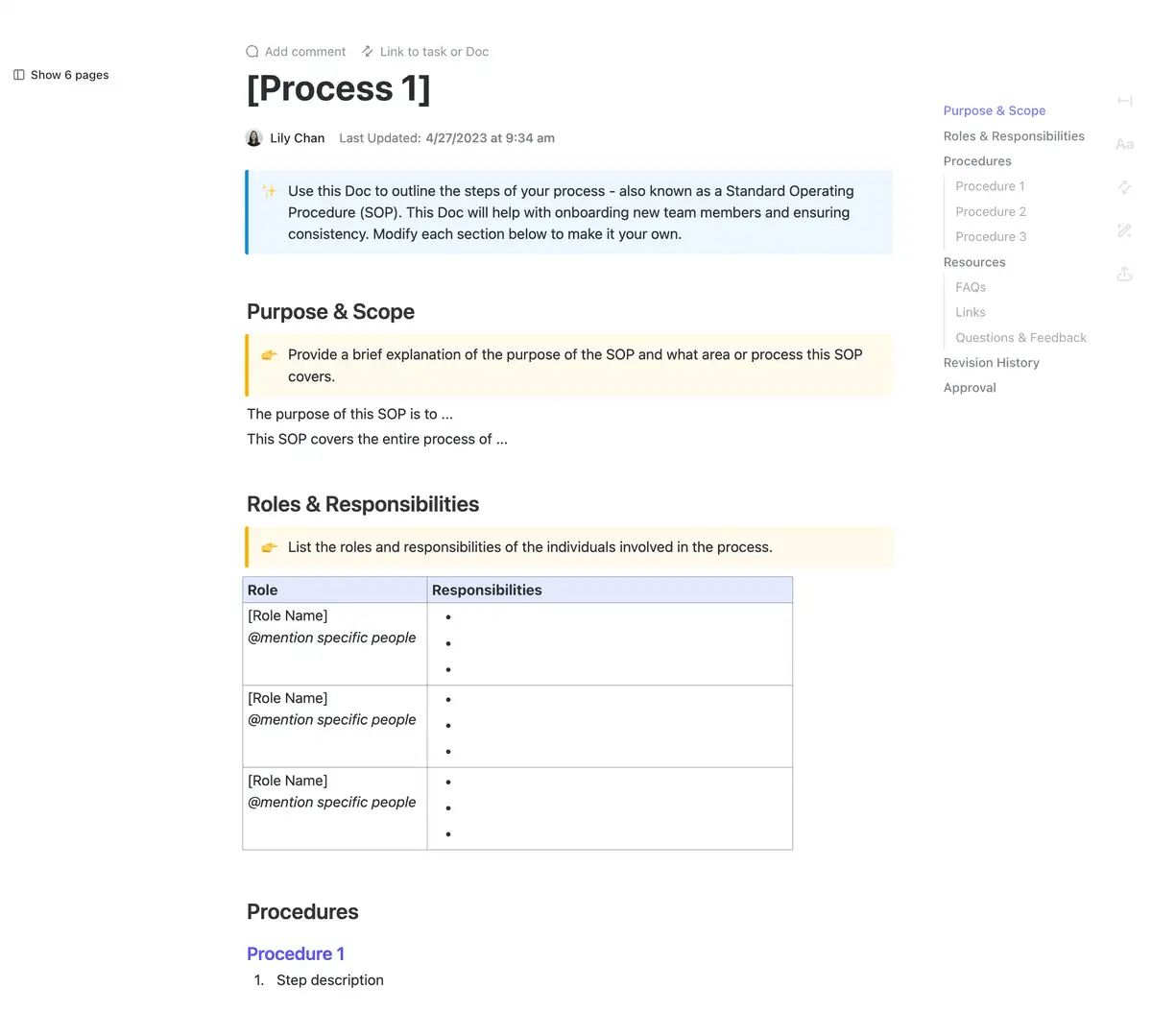 Create wikis, edit them alongside your team, customize them, and keep internal teams up-to-date with the latest company SOPs using ClickUp’s Wiki Template 