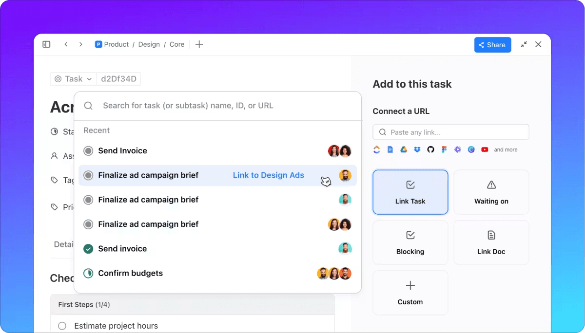 Custom fields and task dependencies in ClickUp