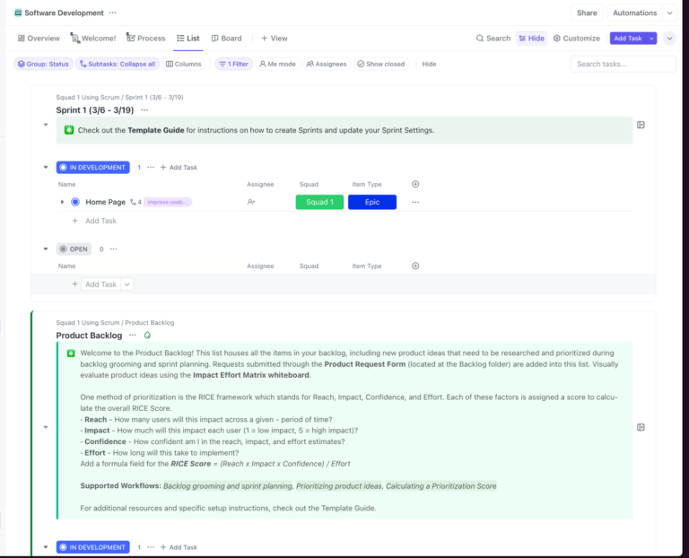 Software lifecycle management in ClickUp