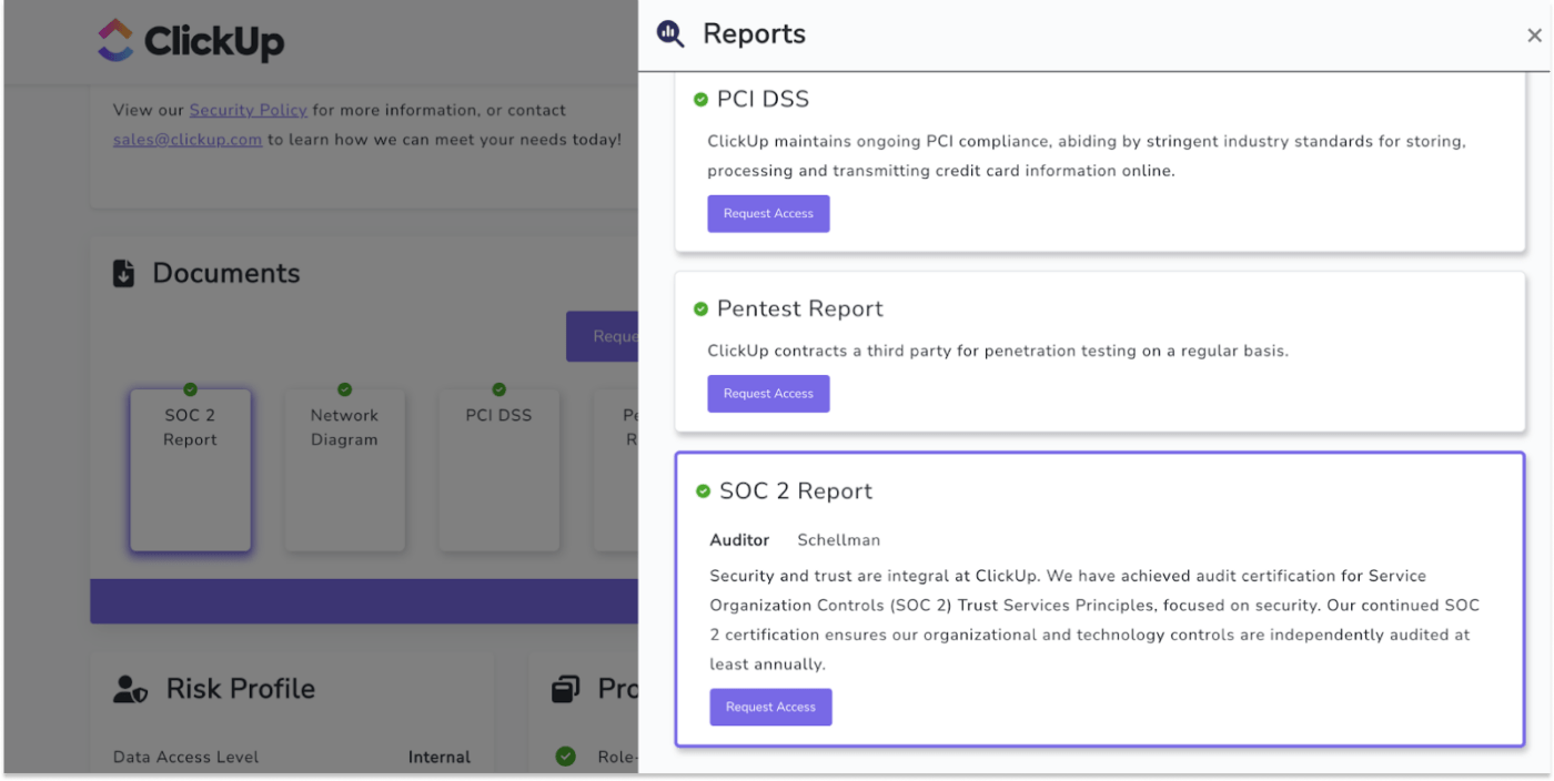 Screenshot of ClickUp Security - compliance reports