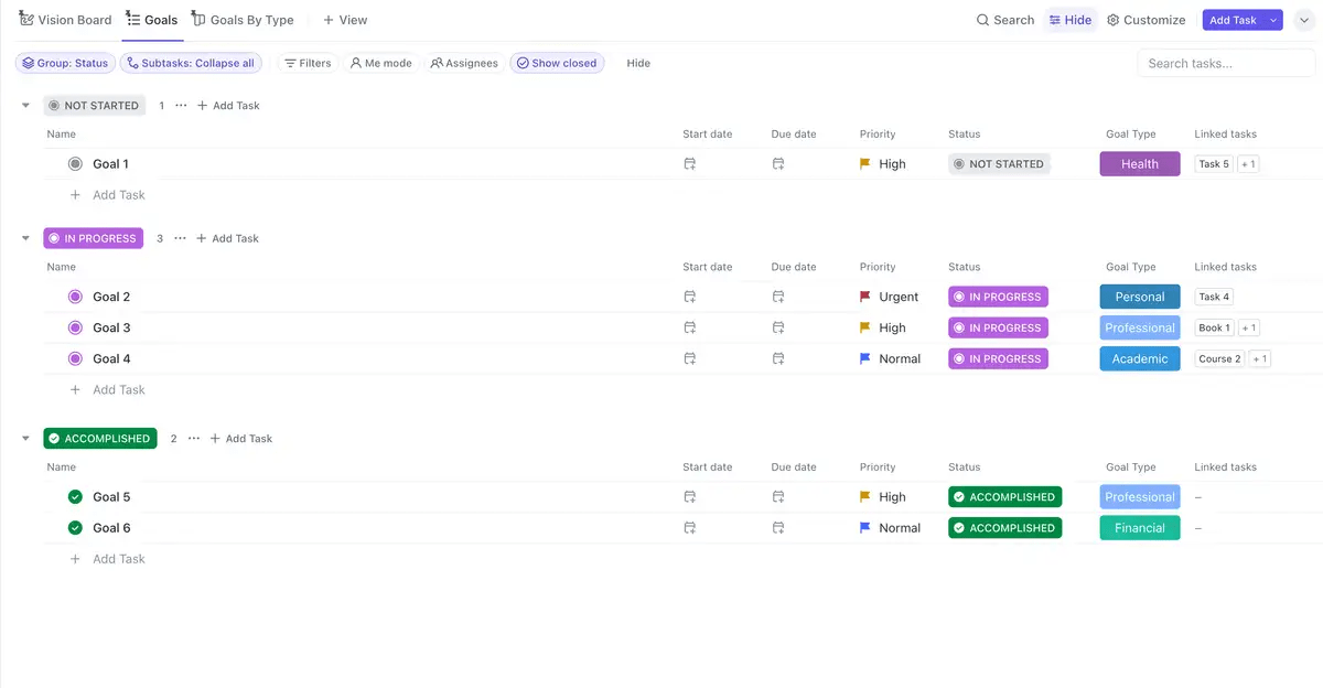 Track the productivity of individual team members using the ClickUp Personal Productivity Template