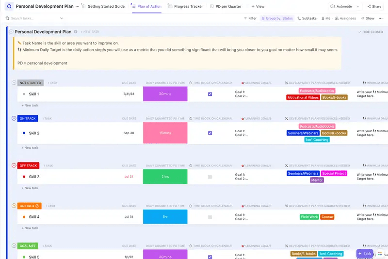 ClickUp's Personal Development Plan Template is designed to help you stay organized and motivated on your personal development journey. 