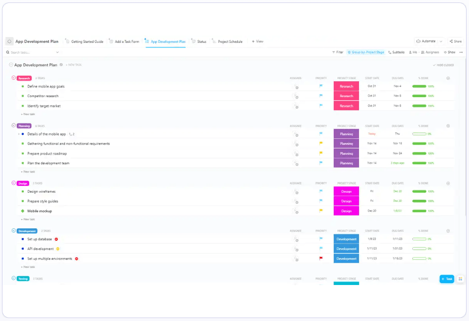 Plan every stage of the app development process, including managing tasks, notifications, and reporting, with the ClickUp App Development Plan Template