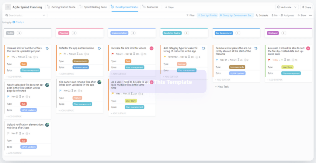Plan, track progress, and manage resources during Sprint Planning by using ClickUp’s Agile Project Management Template