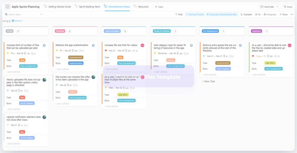 Planifiez, suivez les progrès et gérez les ressources pendant la planification du sprint en utilisant le modèle de gestion de projet agile de ClickUp