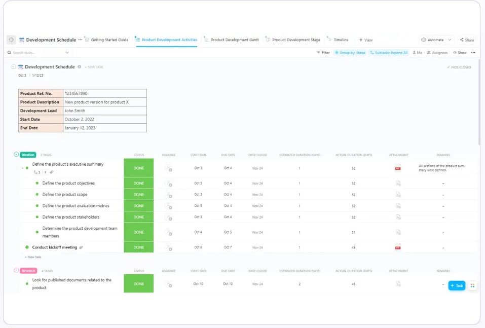 ClickUp's Development Schedule Template is designed to help you keep track of the progress of product development.