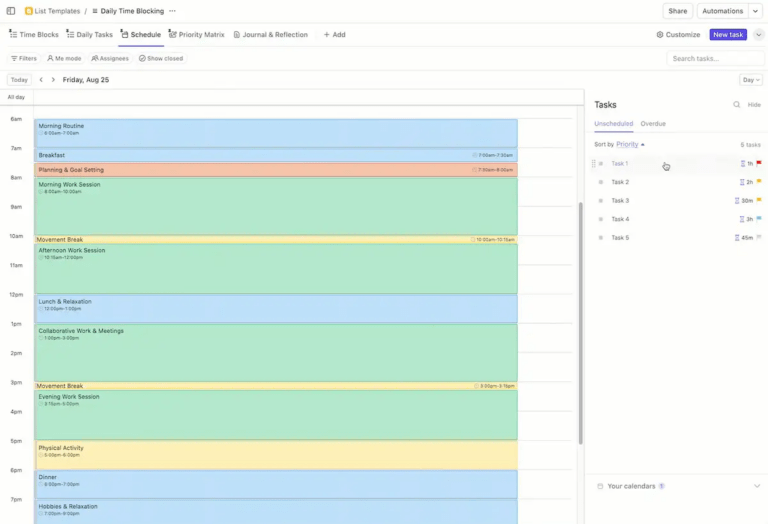 ClickUp’s Daily Time Blocking Template