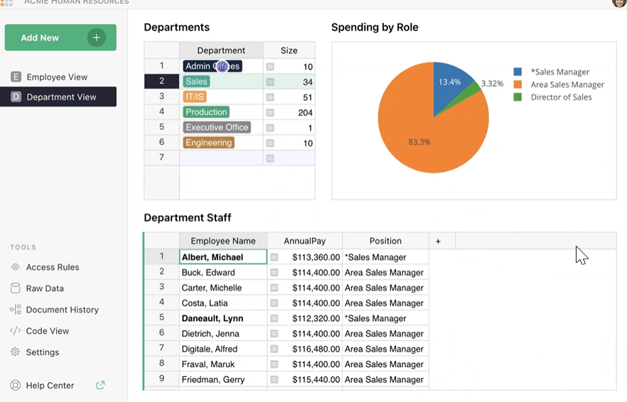 Schermata della dashboard di Grist