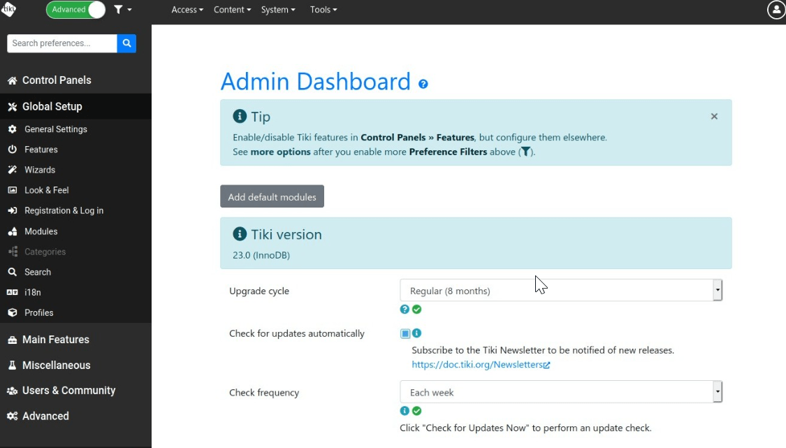 Schermata della dashboard di Wikisuite