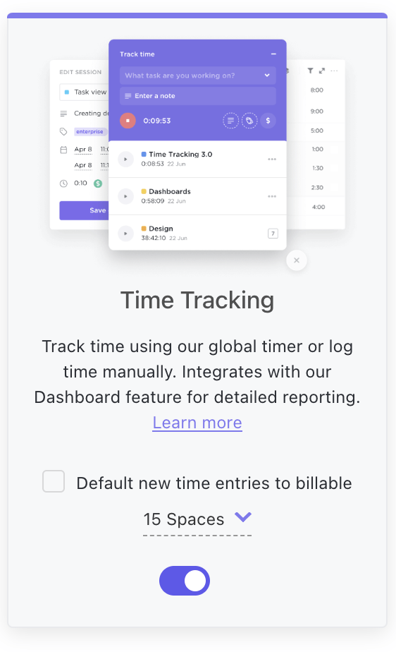 Recurso de controle de tempo do ClickUp