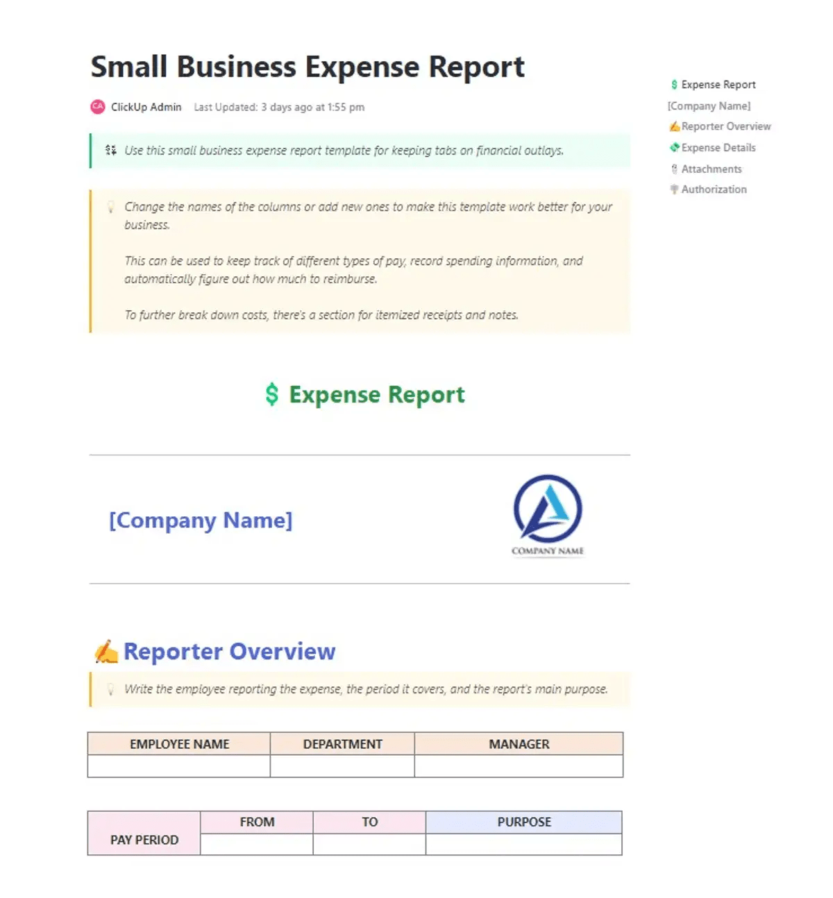 Behalten Sie alle Ausgaben Ihres Kleinunternehmens zusammenhängend und organisiert im Auge mit der ClickUp Small Business Expense Report Template