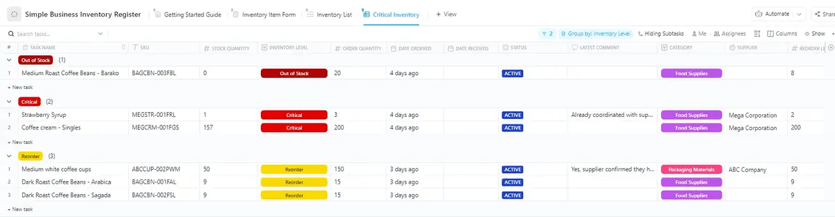 Suivez les niveaux de stock et les coûts avec le modèle de registre d'inventaire ClickUp Simple Business