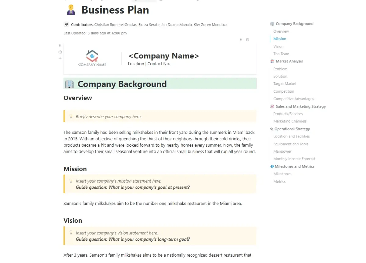 Créez et gérez votre plan d'affaires en tenant toutes les parties prenantes au courant grâce au modèle de document de plan d'affaires ClickUp