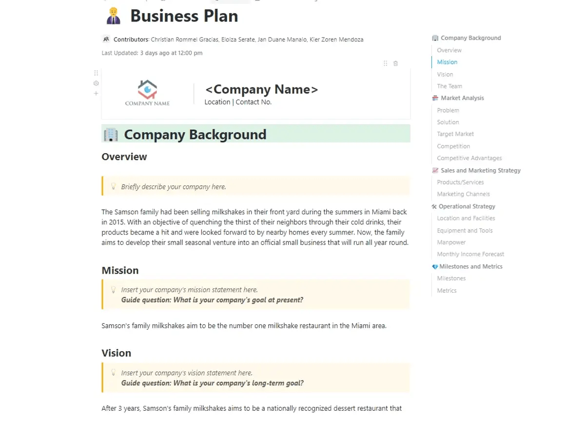 O modelo de documento de plano de negócios do ClickUp foi projetado para ajudá-lo a criar e gerenciar seu plano de negócios.