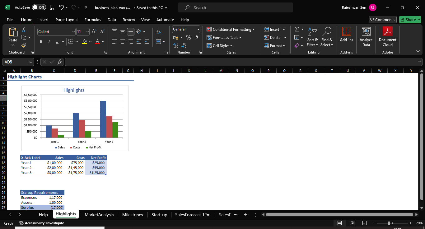 Modelo de plano de negócios em Excel da Vertex42