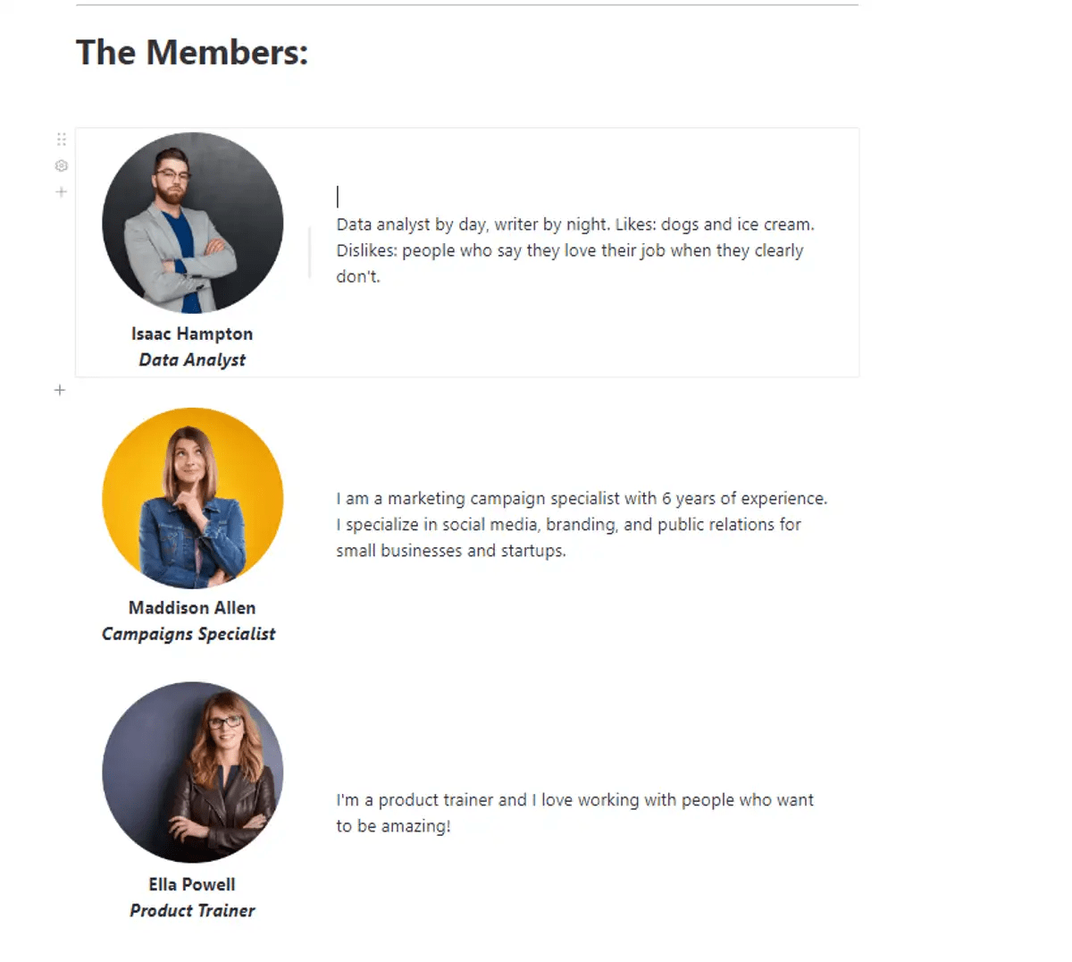  Apresente os membros da sua equipe a clientes em potencial, clientes ou uns aos outros usando o modelo Meet the Team do ClickUp