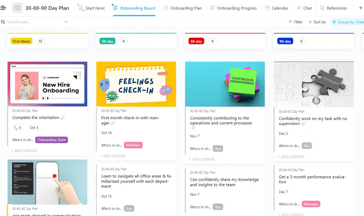 Optimize onboarding with ClickUp's 30-60-90 Day Plan Template