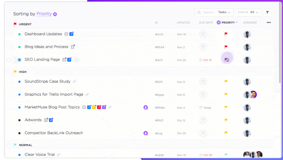 Priorités des tâches ClickUp