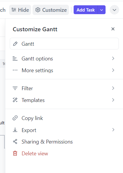 Barre de personnalisation dans le diagramme de Gantt ClickUp