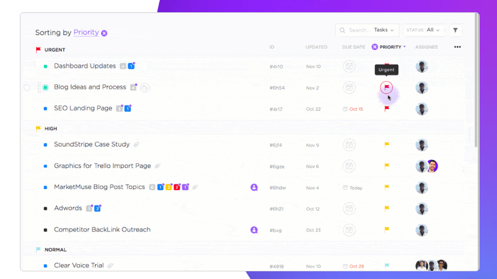 Priorità delle attività di ClickUp