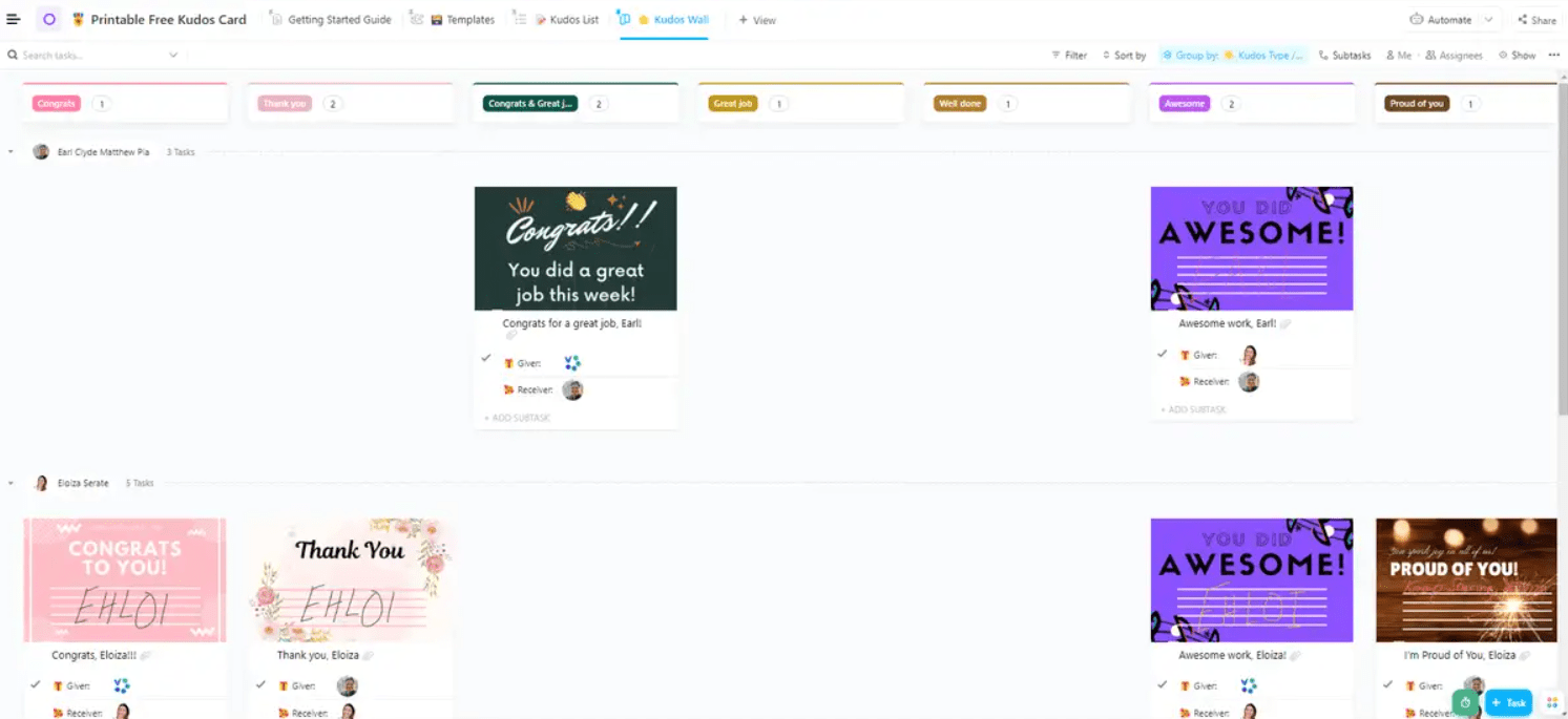 Show your appreciation with personalized heartfelt messages with ClickUp's Printable Free Kudos Cards Template