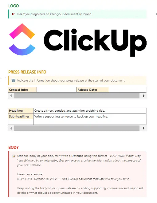 Ensure accuracy and consistency by making sure all written content follows the same format in ClickUp’s Content Writing Template