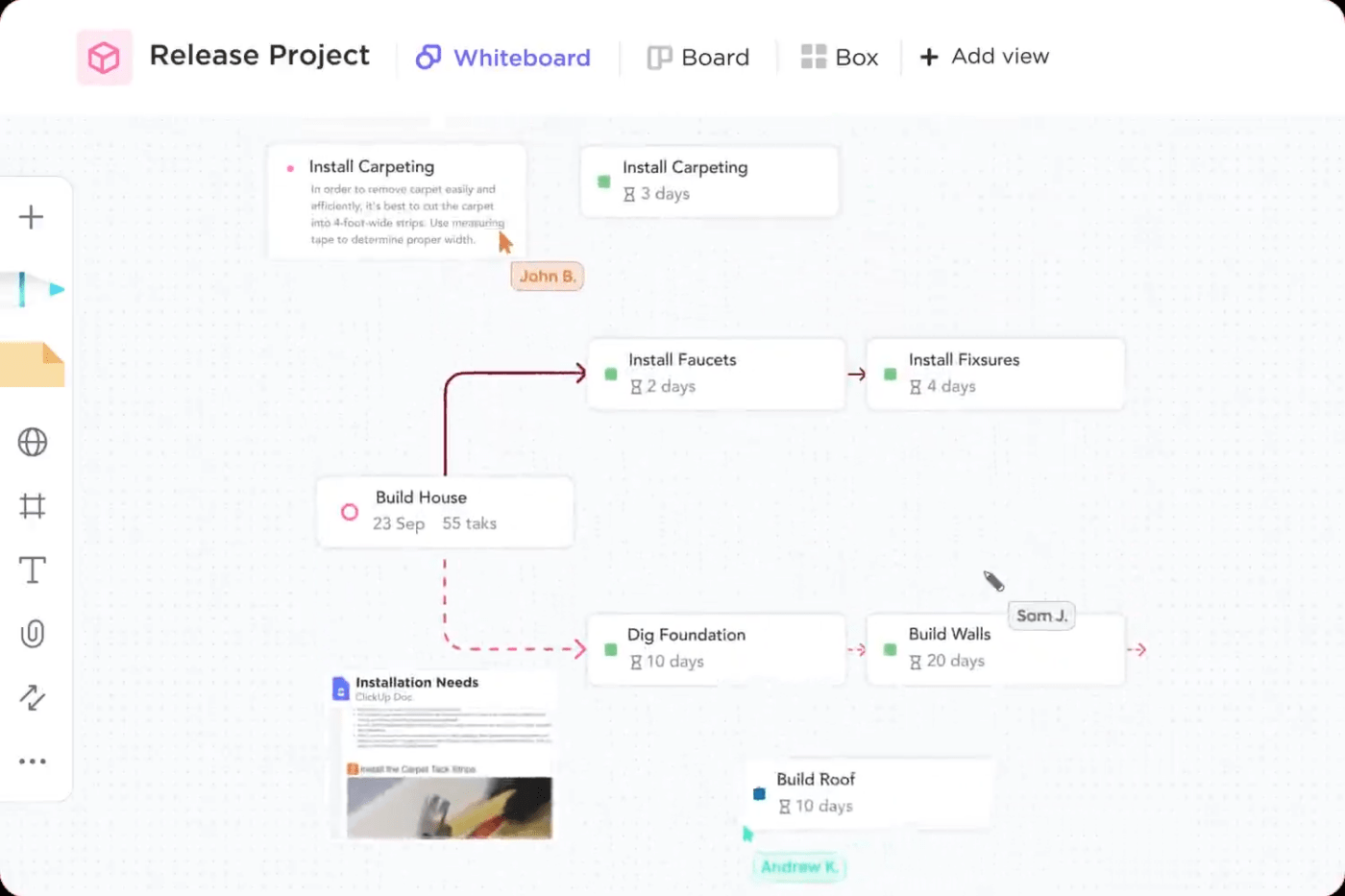 ClickUp’s Whiteboard for collecting brainstorming of product management strategies