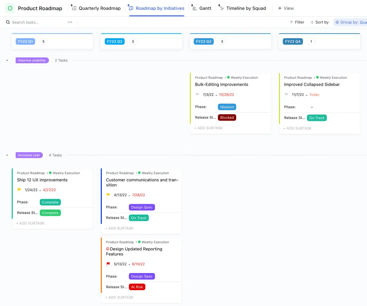 Szablon mapy drogowej produktu ClickUp został zaprojektowany, aby pomóc w planowaniu, śledzeniu i zarządzaniu rozwojem produktu.   