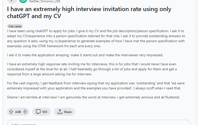 A reddit user who used AI for their interview preparation process