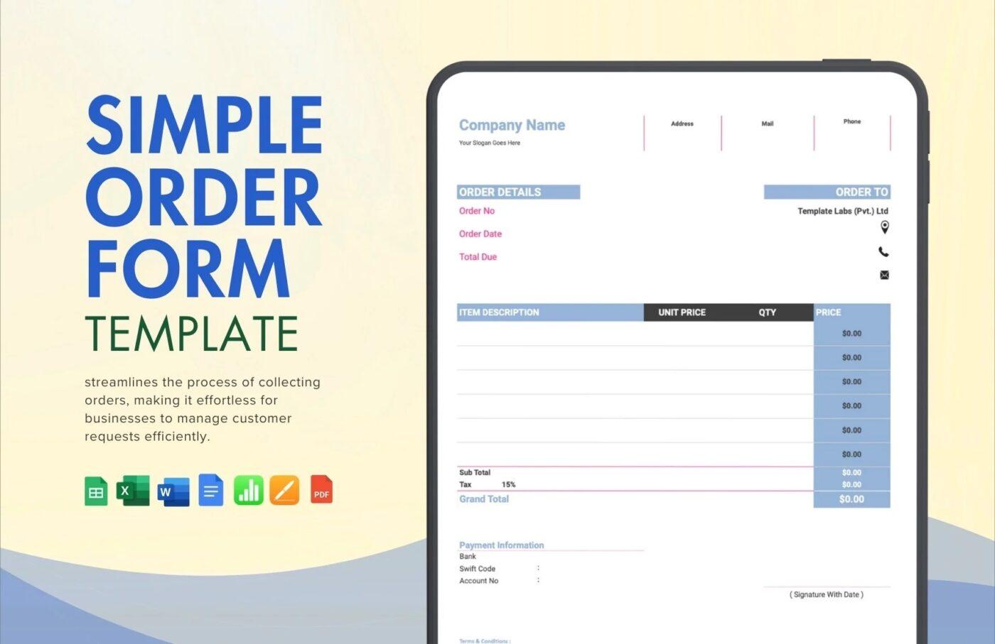 Modèle de formulaire de commande simple pour Google Forms