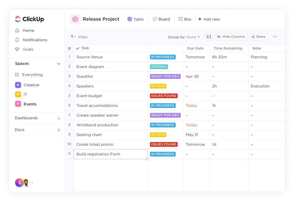 Table view in ClickUp