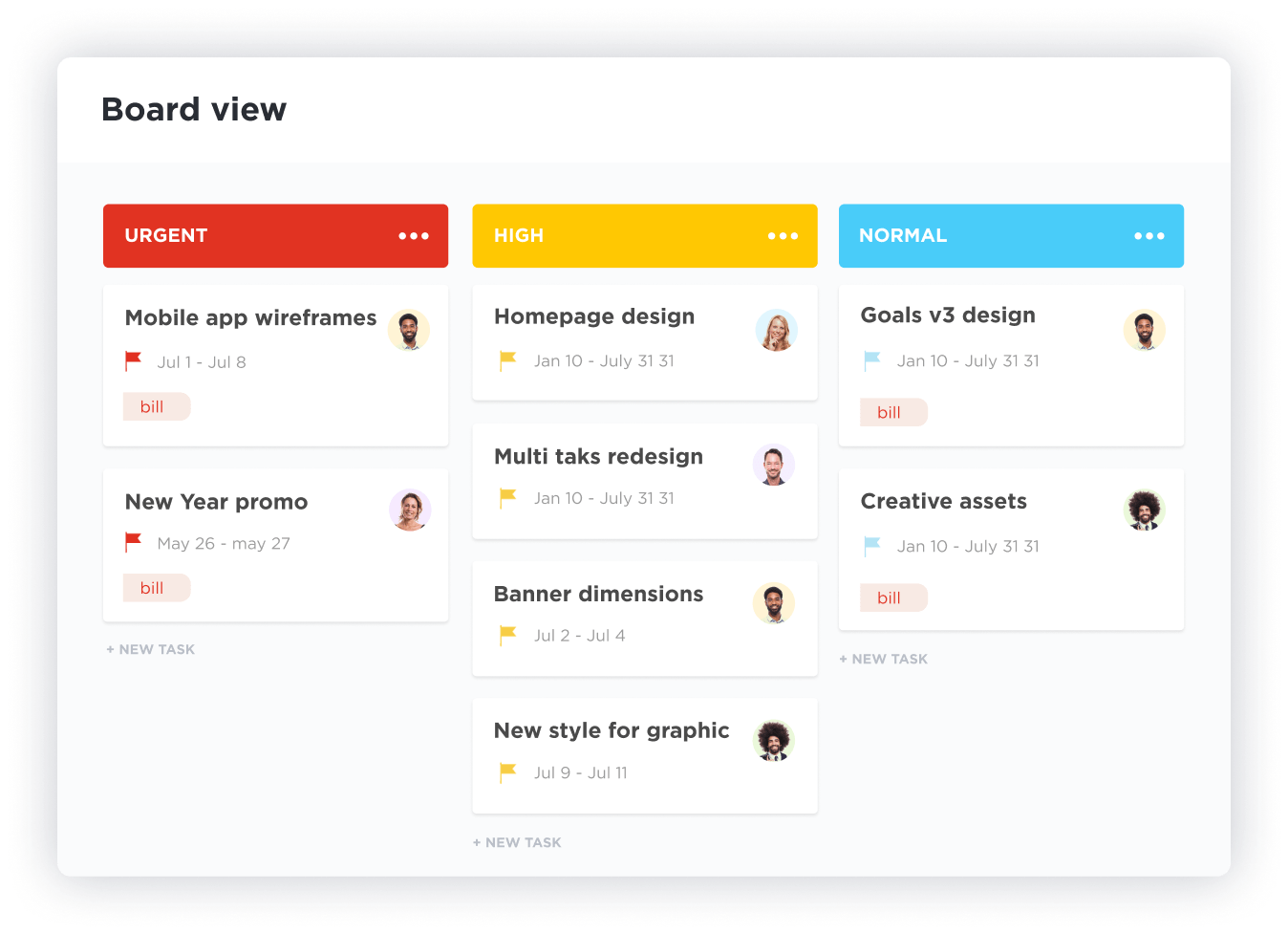 ClickUp's website project management platform showing to-do list examples in a Kanban board