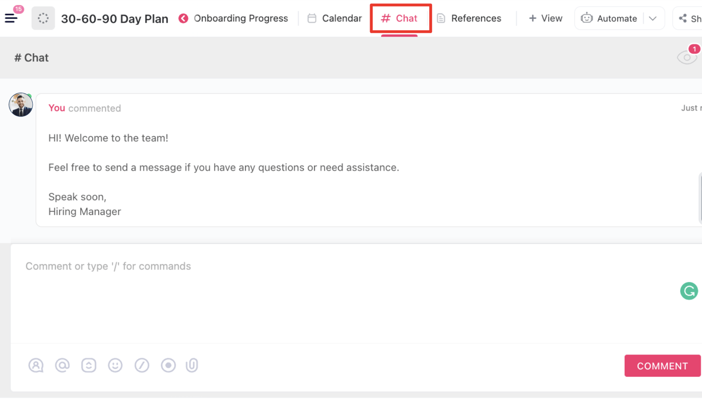 Oriente os novos contratados durante os três meses iniciais em sua organização usando o modelo de plano de 30-60-90 dias do Clickup, que fornece uma estrutura estruturada