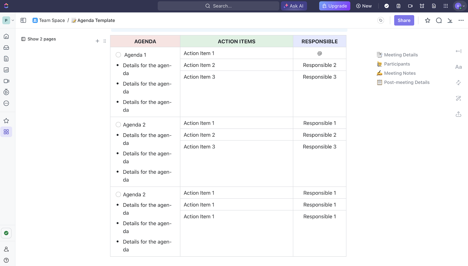 Utilize features like comment reactions, nested subtasks, and assigning multiple attendees to each agenda item in ClickUp’s Agenda Template