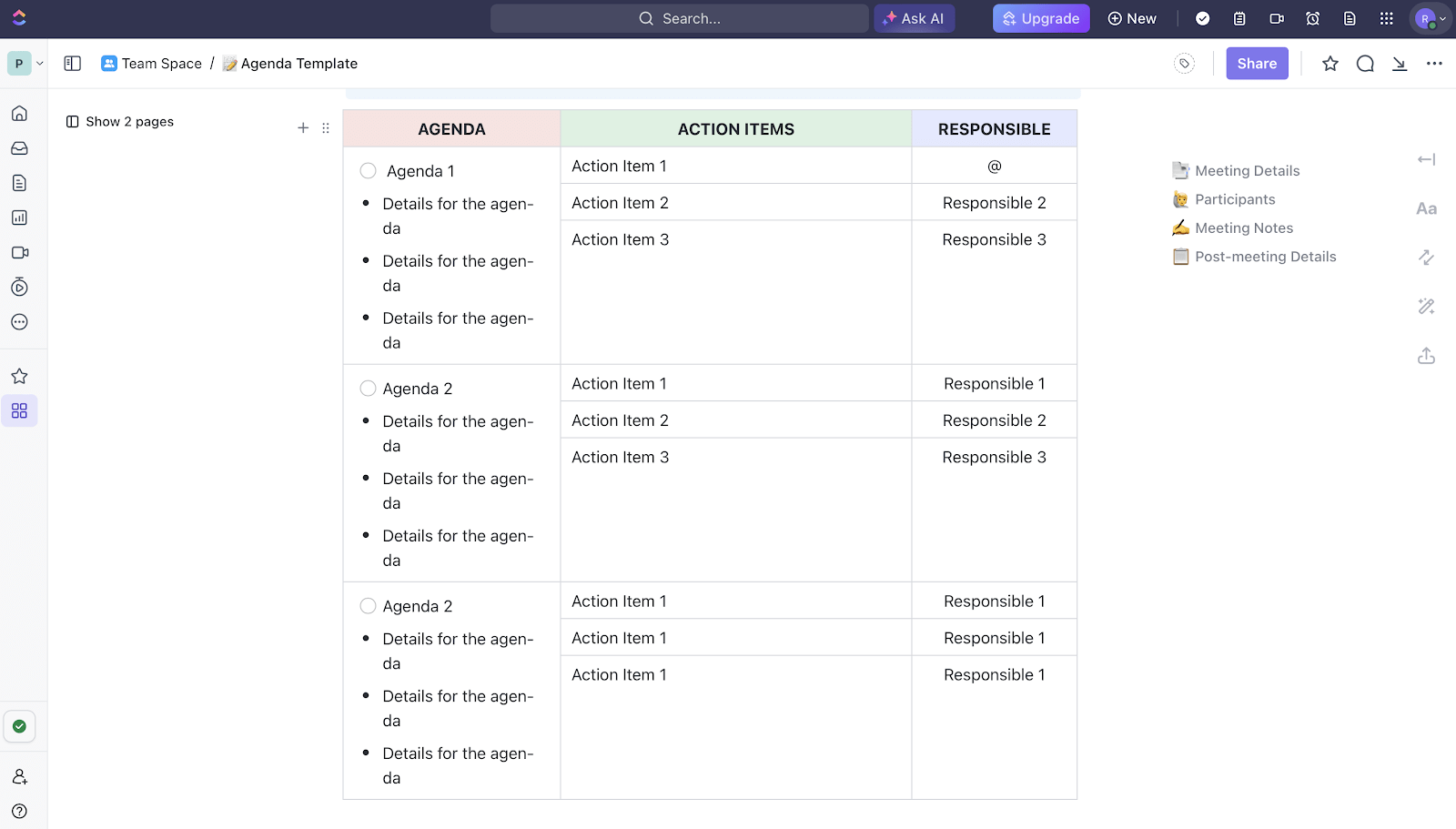 Utilize recursos como reações a comentários, subtarefas aninhadas e atribuição de vários participantes a cada item da agenda no modelo de agenda do ClickUp