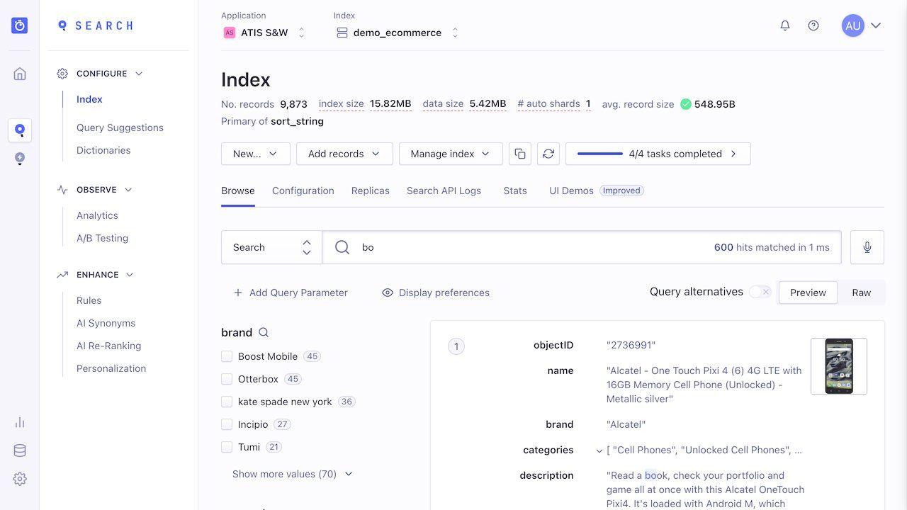 Algolia dashboard