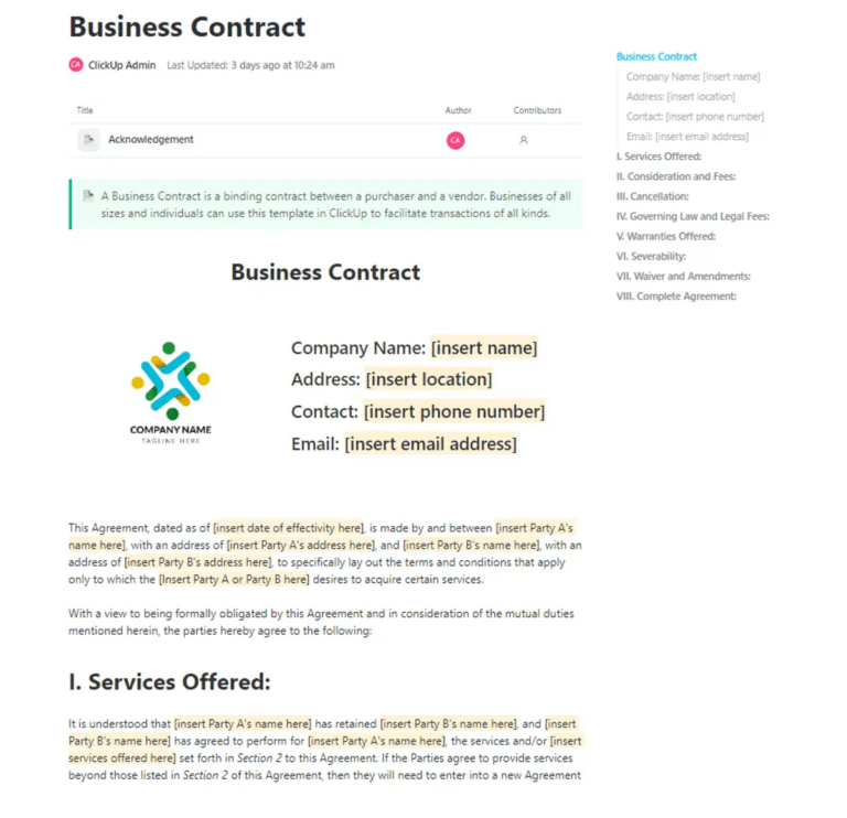 ClickUp Business Contract Sample Template