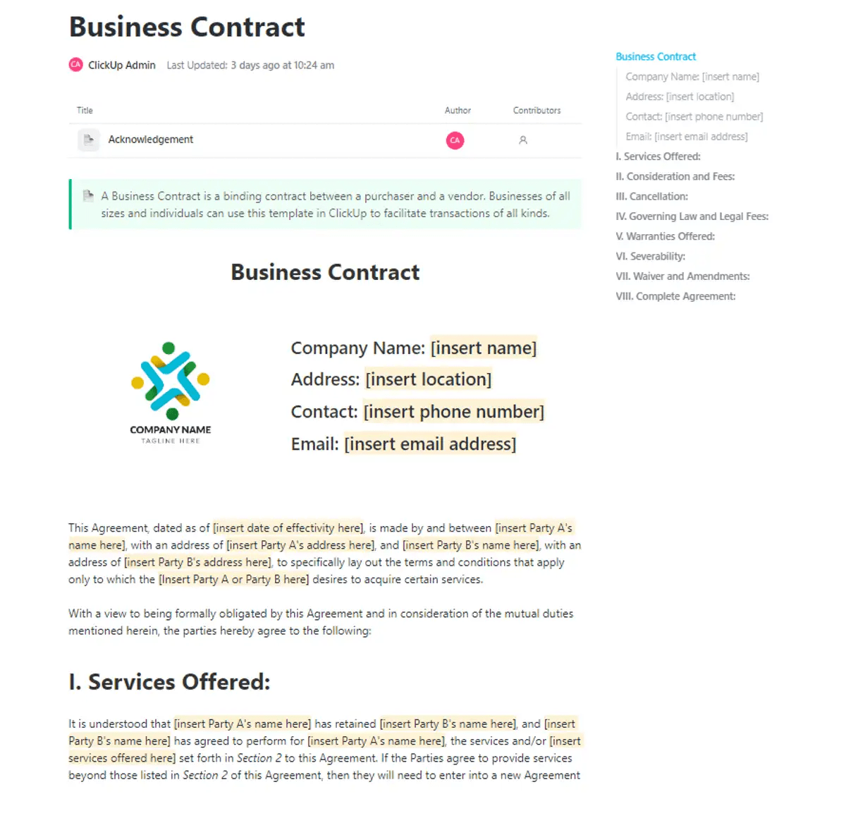Create and track business contracts with ClickUp Business Contract Sample Template
