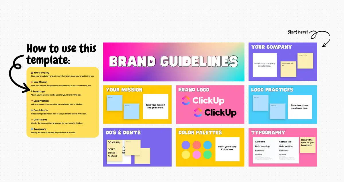Shape your brand audit with the ClickUp Brand Guidelines Whiteboard Template