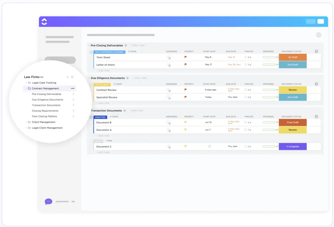 Keep the key project information handy using the ClickUp Contract Management Template