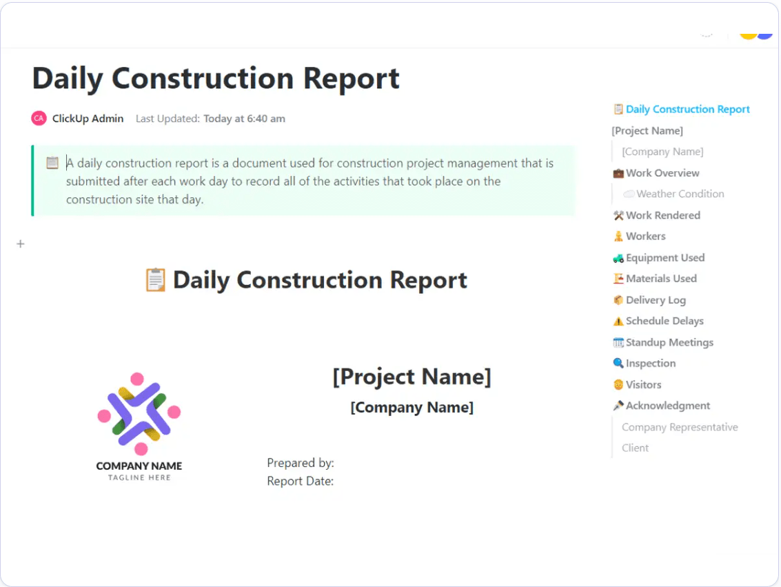 Standardize your reporting documentation using the ClickUp Daily Construction Report Template