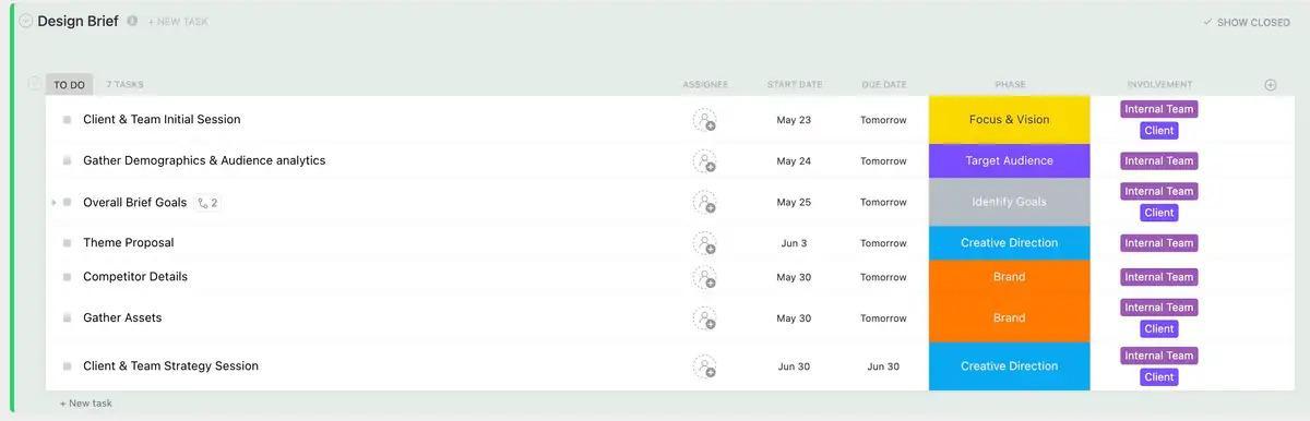 Simplify task creation and tracking using the ClickUp Design Brief Template