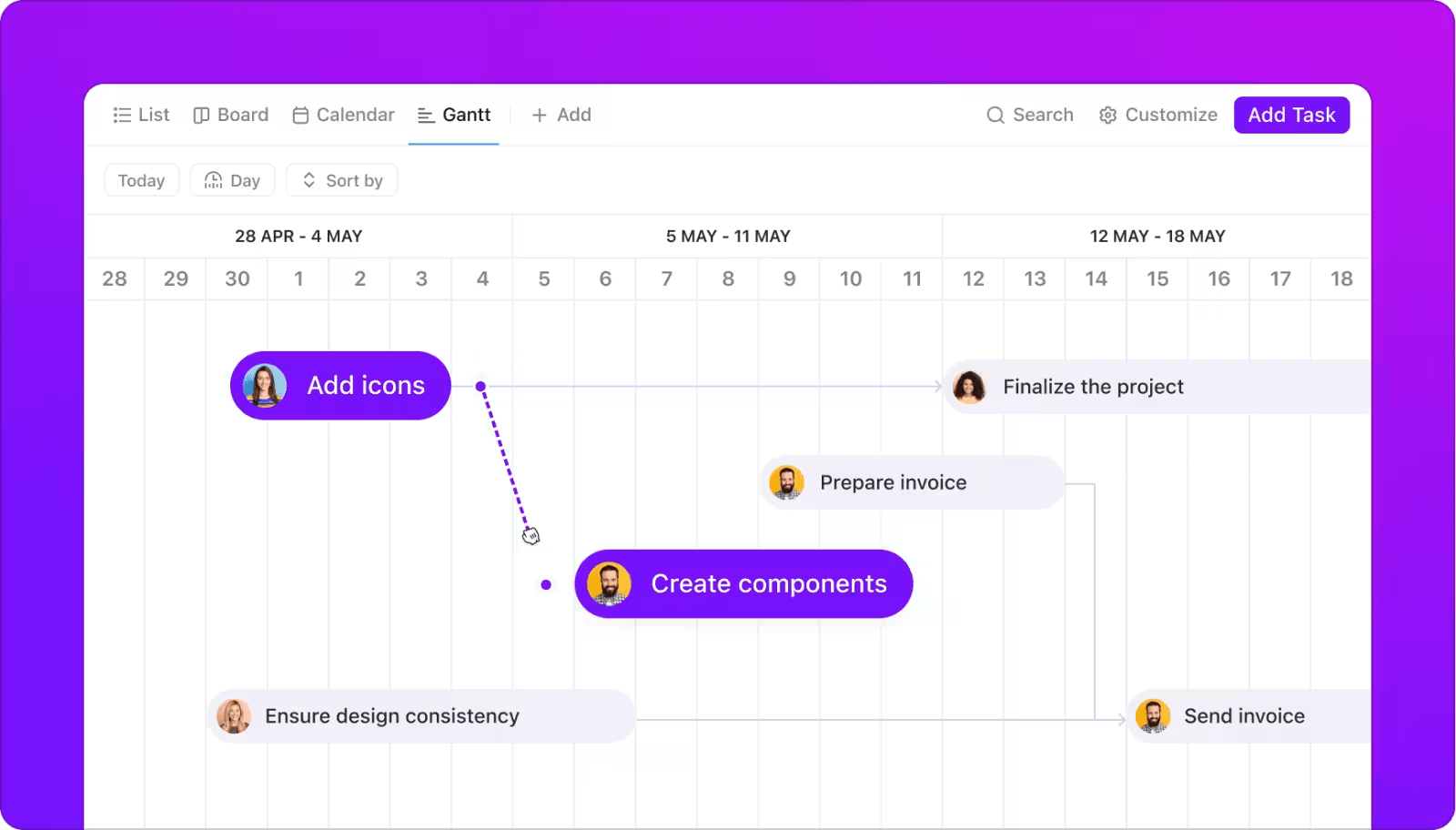 Utiliser le diagramme de Gantt pour gérer les dépendances sur ClickUp  