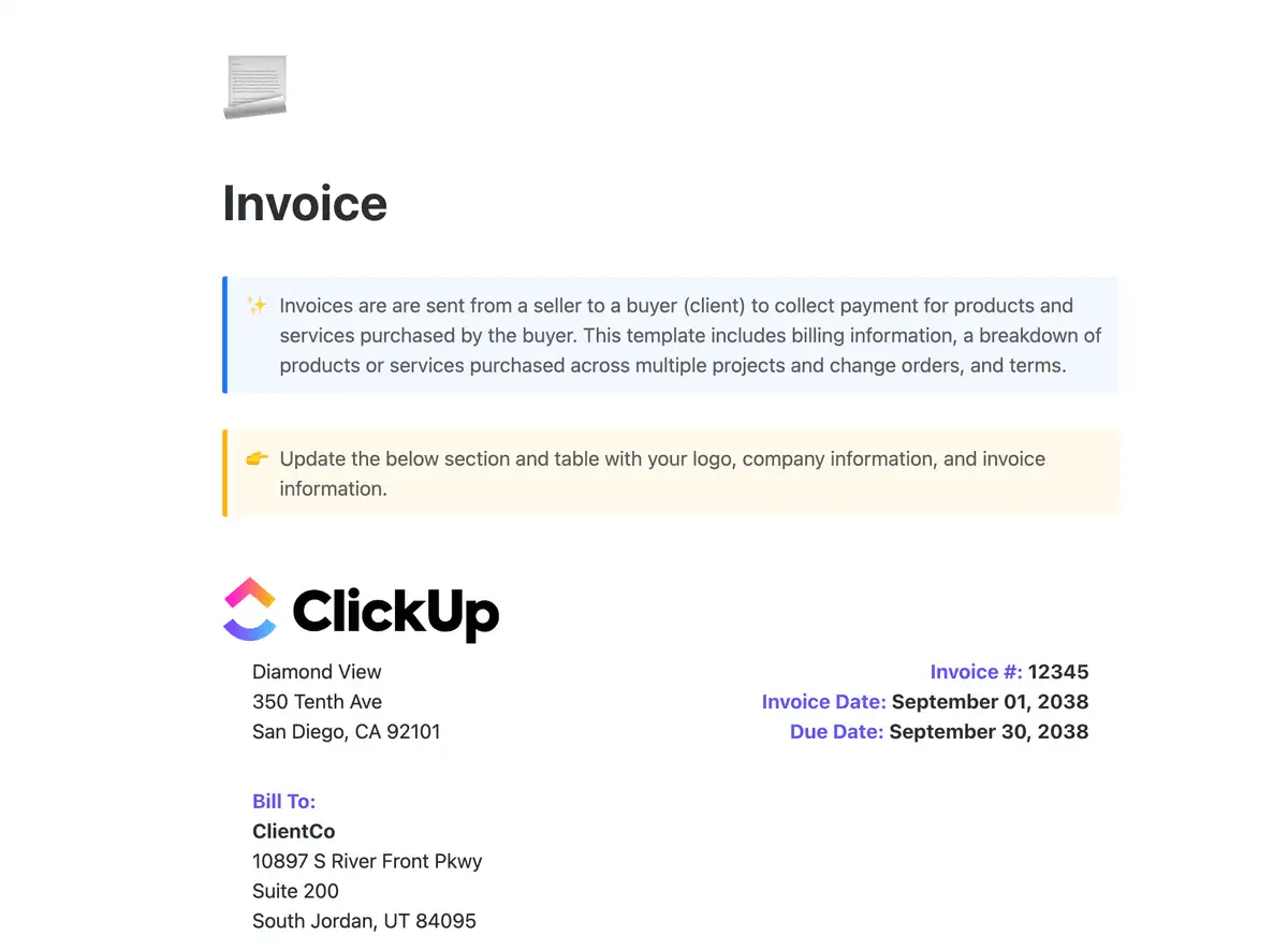 Customize your billing process with the ClickUp Invoice Template