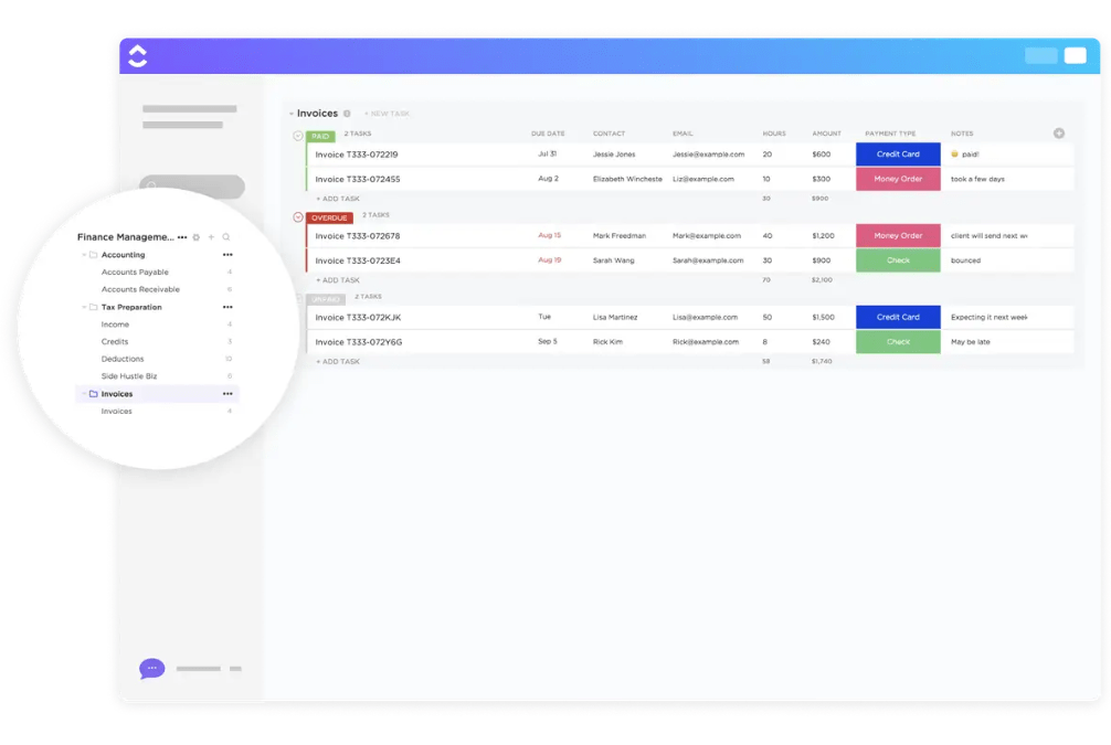 Create beautiful and accurate invoices and keep track of them with ClickUp’s Invoices Template