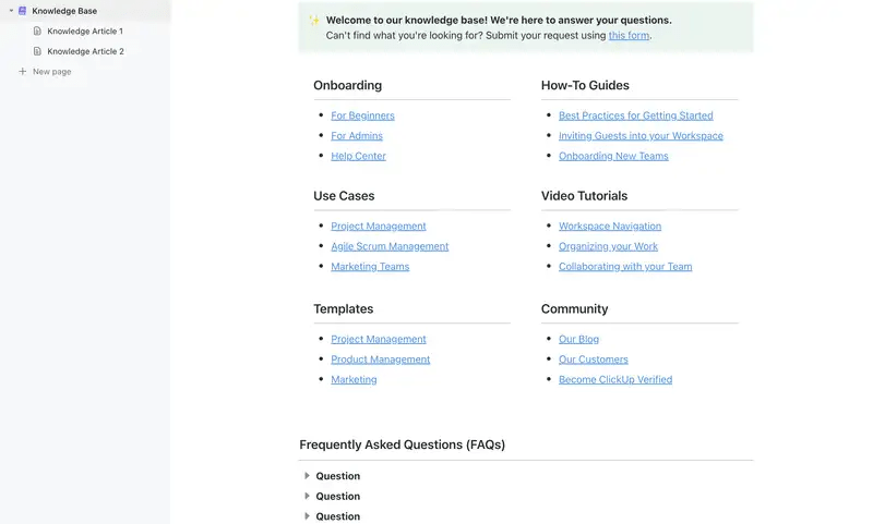 Create and organize a digital library of information effortlessly with ClickUp’s Knowledge Base Template