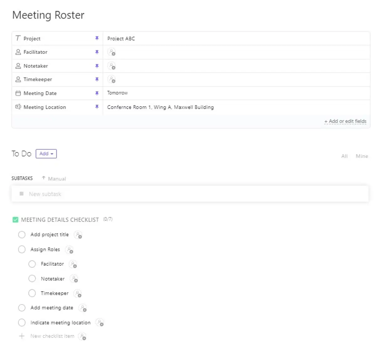 Assign meeting roles in the ClickUp Meeting Roster template easily